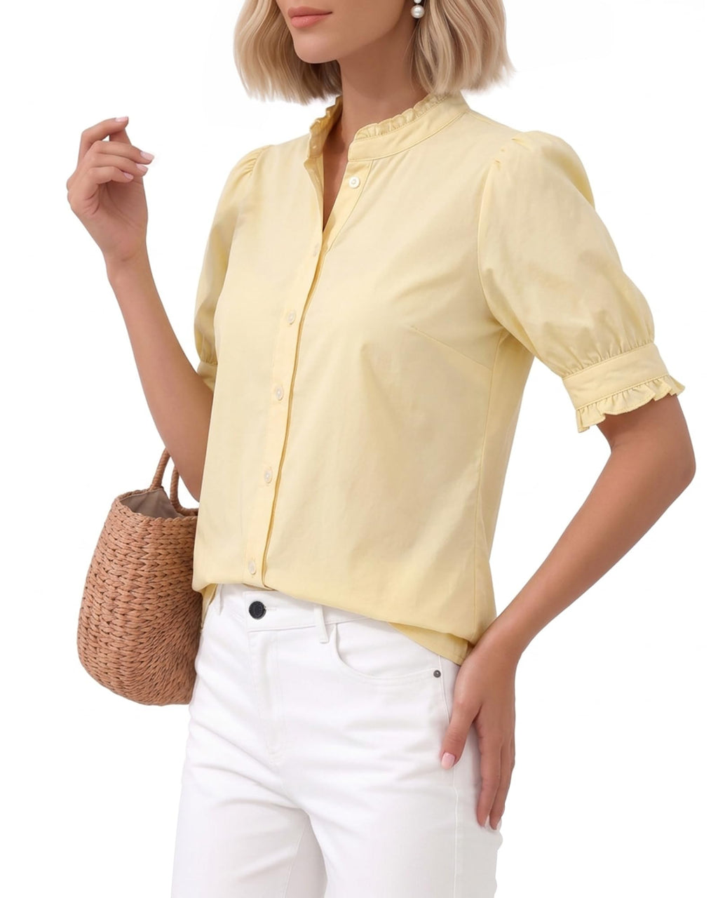 MANGOPOP Button-Down Puff Short-Sleeve Ruffle Blouse - Yellow