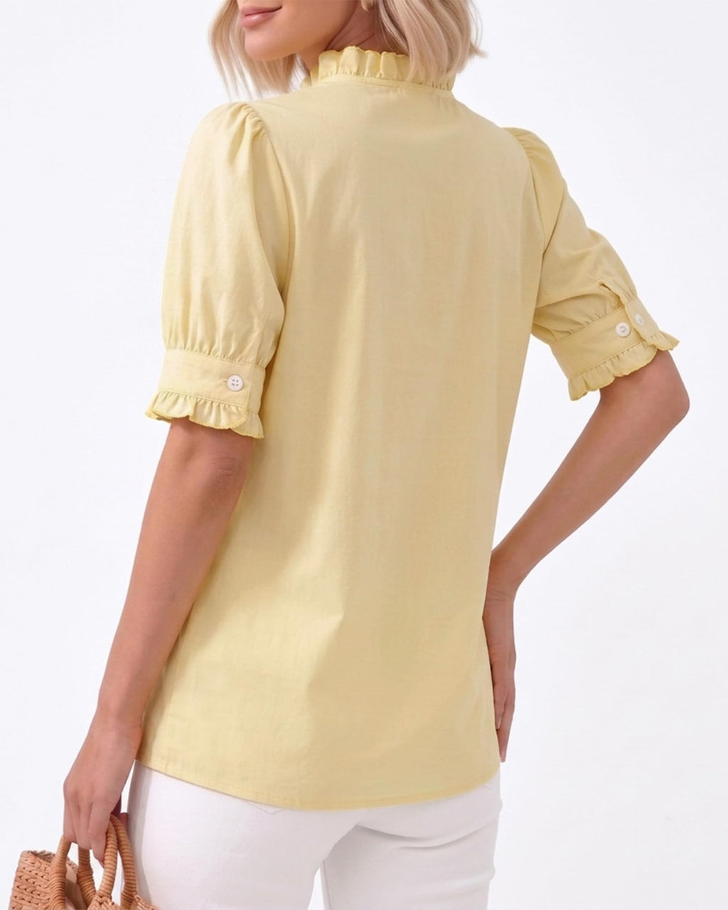 MANGOPOP Button-Down Puff Short-Sleeve Ruffle Blouse - Yellow
