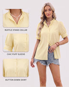 MANGOPOP Button-Down Puff Short-Sleeve Ruffle Blouse - Yellow