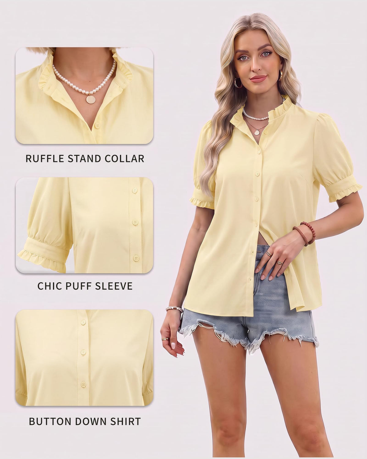 MANGOPOP Button-Down Puff Short-Sleeve Ruffle Blouse - Yellow