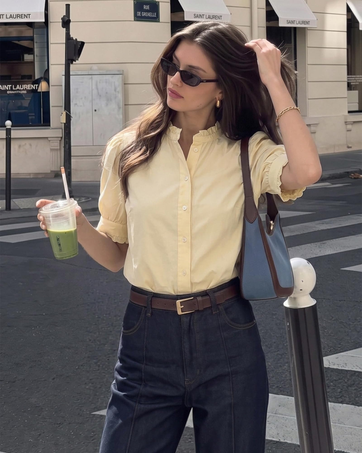 MANGOPOP Button-Down Puff Short-Sleeve Ruffle Blouse - Yellow