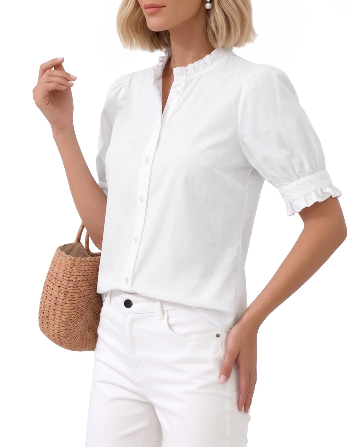MANGOPOP Button-Down Puff Short-Sleeve Ruffle Blouse - White
