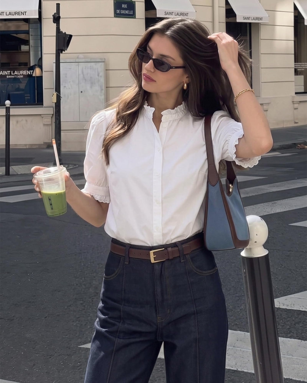 MANGOPOP Button-Down Puff Short-Sleeve Ruffle Blouse - White
