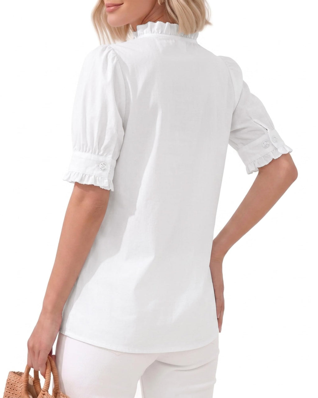 MANGOPOP Button-Down Puff Short-Sleeve Ruffle Blouse - White