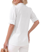 MANGOPOP Button-Down Puff Short-Sleeve Ruffle Blouse - White