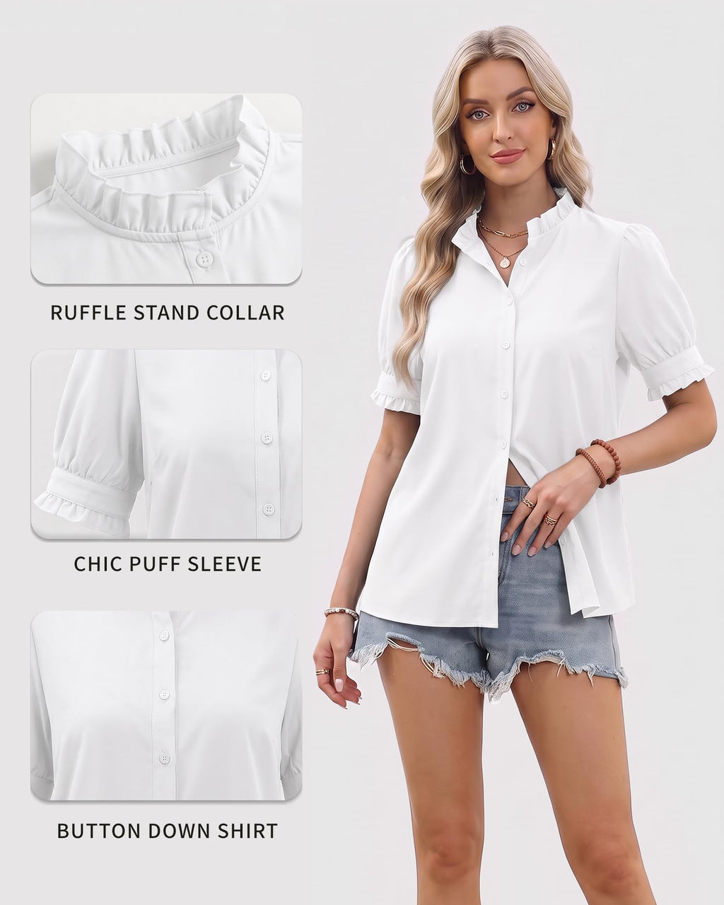 MANGOPOP Button-Down Puff Short-Sleeve Ruffle Blouse - White