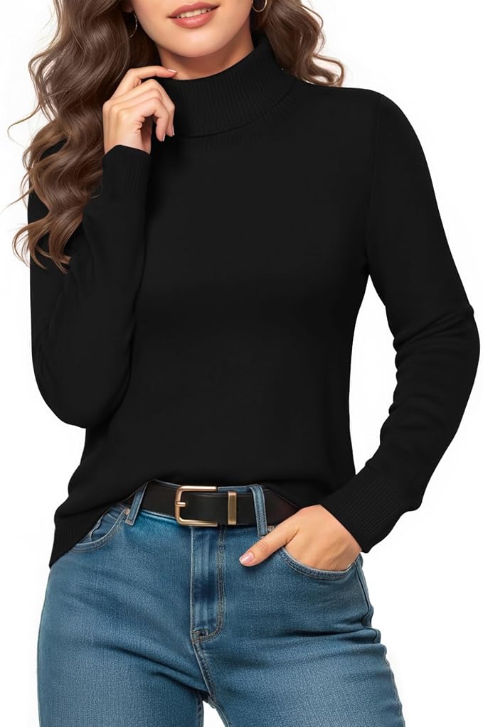 MANGOPOP Turtleneck Sweaters Long-Sleeve Ribbed Knit Sweater Top Black