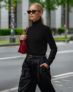 MANGOPOP Turtleneck Sweaters Long-Sleeve Ribbed Knit Sweater Top Black