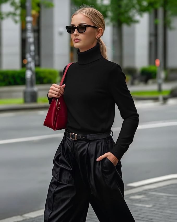 MANGOPOP Turtleneck Sweaters Long-Sleeve Ribbed Knit Sweater Top Black