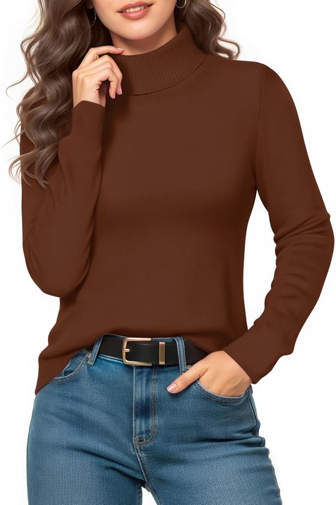 MANGOPOP Turtleneck Sweaters Long-Sleeve Ribbed Knit Sweater Top Coffee