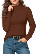 MANGOPOP Turtleneck Sweaters Long-Sleeve Ribbed Knit Sweater Top Coffee