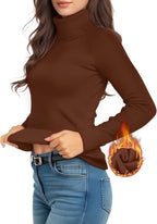 MANGOPOP Turtleneck Sweaters Long-Sleeve Ribbed Knit Sweater Top Coffee