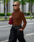 MANGOPOP Turtleneck Sweaters Long-Sleeve Ribbed Knit Sweater Top Coffee