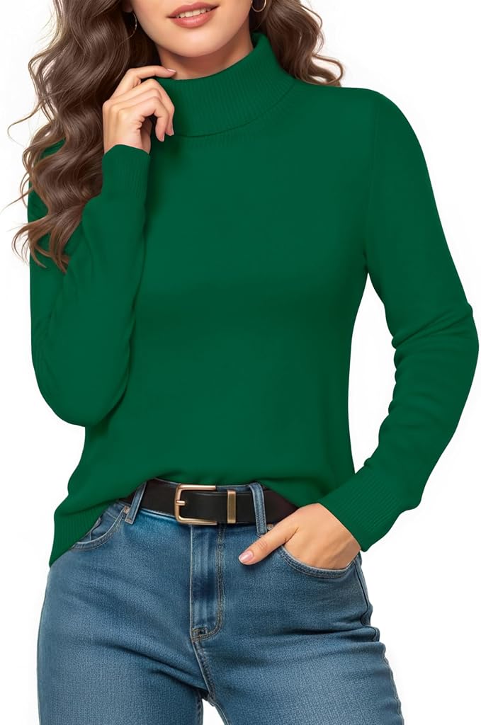 MANGOPOP Turtleneck Sweaters Long-Sleeve Ribbed Knit Sweater Top Deep Green