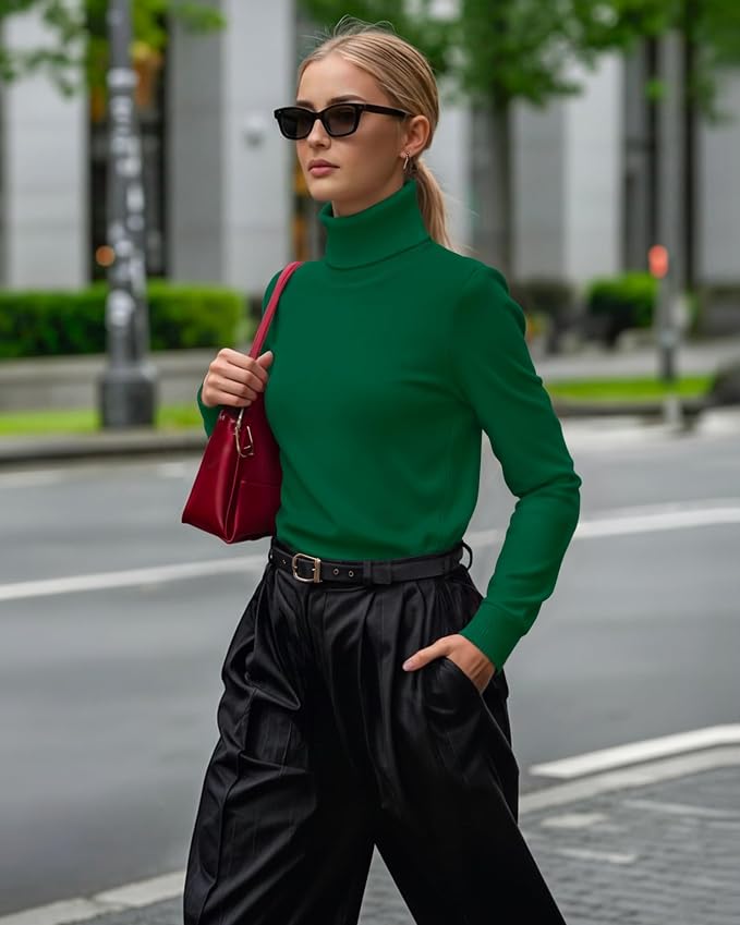 MANGOPOP Turtleneck Sweaters Long-Sleeve Ribbed Knit Sweater Top Deep Green