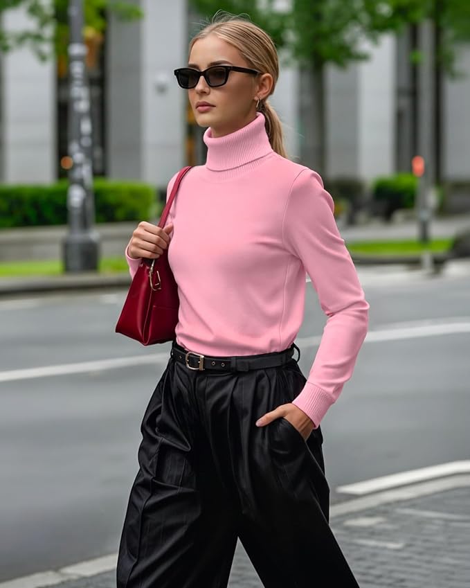 MANGOPOP Turtleneck Sweaters Long-Sleeve Ribbed Knit Sweater Top Light Pink