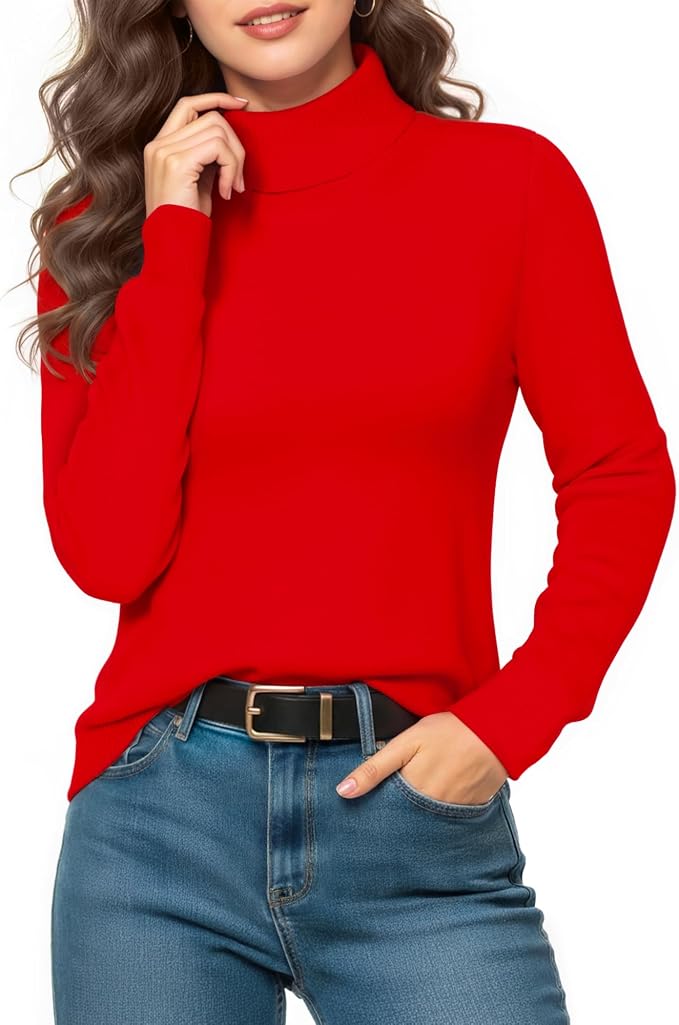 MANGOPOP Turtleneck Sweaters Long-Sleeve Ribbed Knit Sweater Top Red