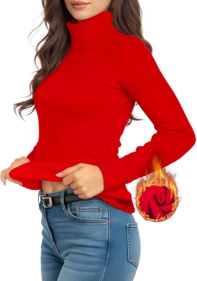 MANGOPOP Turtleneck Sweaters Long-Sleeve Ribbed Knit Sweater Top Red