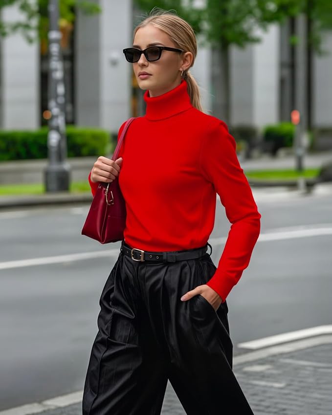 MANGOPOP Turtleneck Sweaters Long-Sleeve Ribbed Knit Sweater Top Red