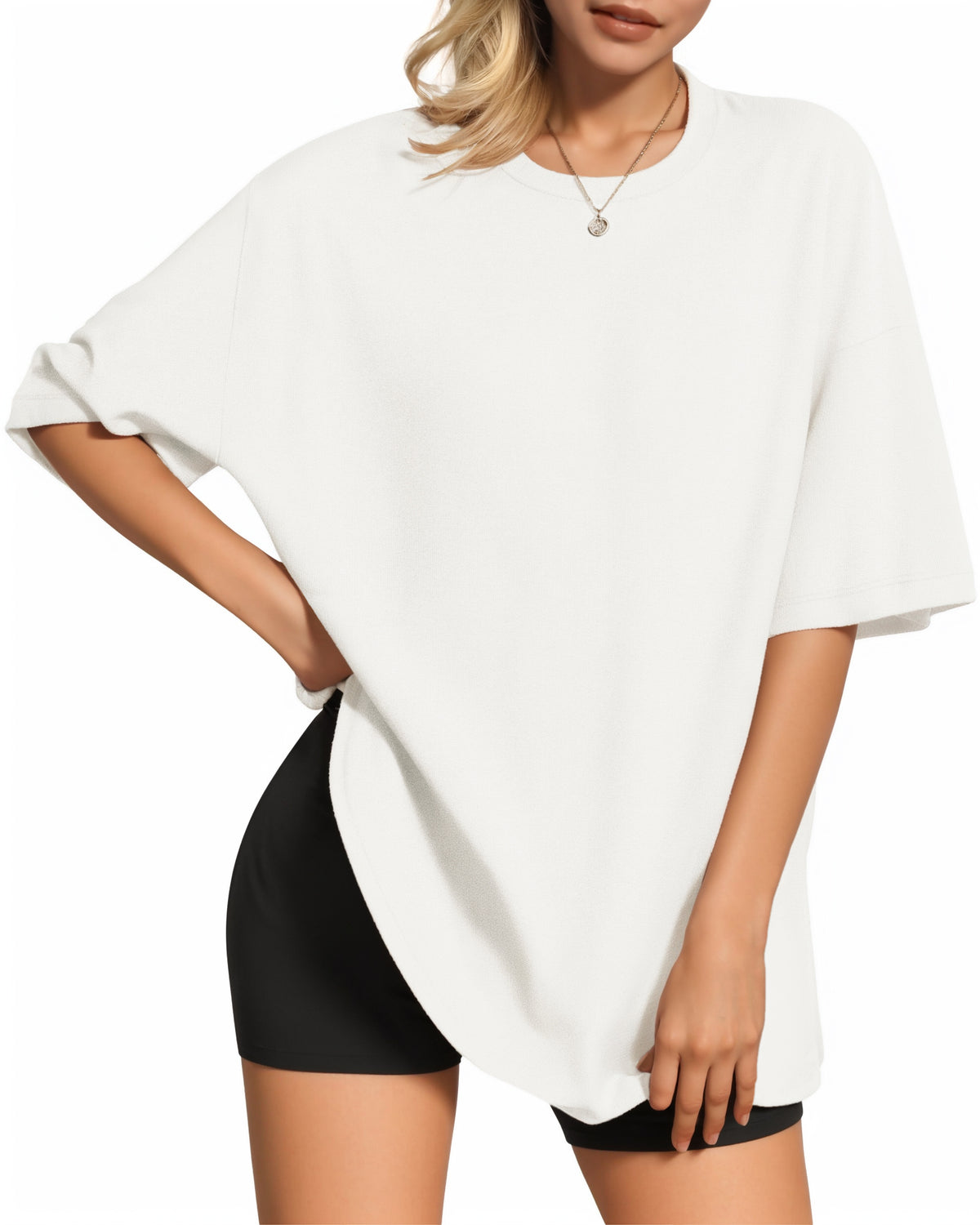 MANGOPOP Oversized T Short-Sleeve Crewneck Loose Fit Top A Short Sleeve Creamy White