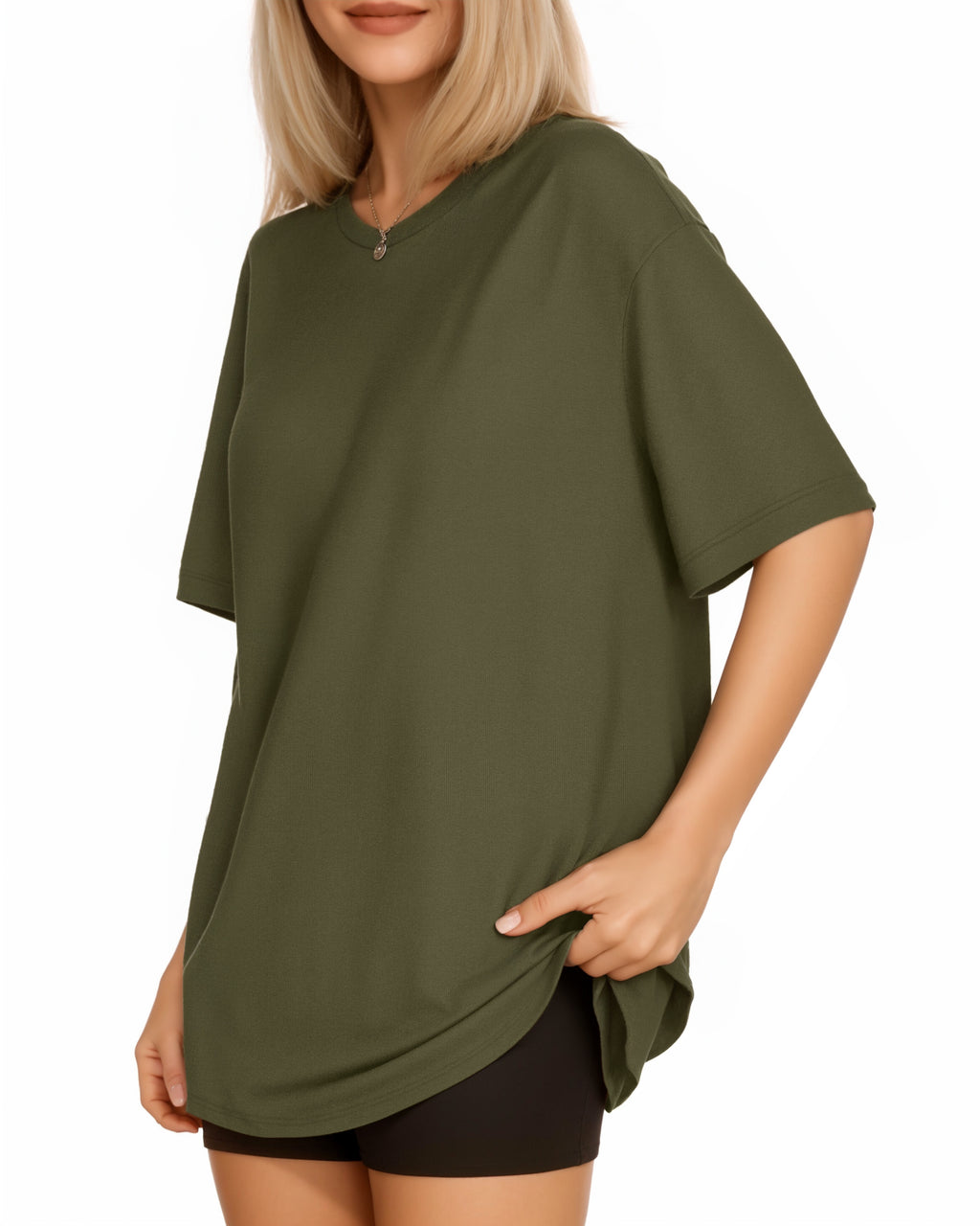 MANGOPOP Oversized T Short-Sleeve Crewneck Loose Fit Top Short Sleeve Army Green