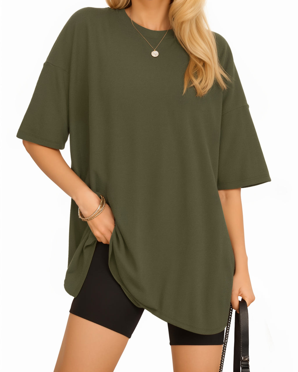 MANGOPOP Oversized T Short-Sleeve Crewneck Loose Fit Top Short Sleeve Army Green