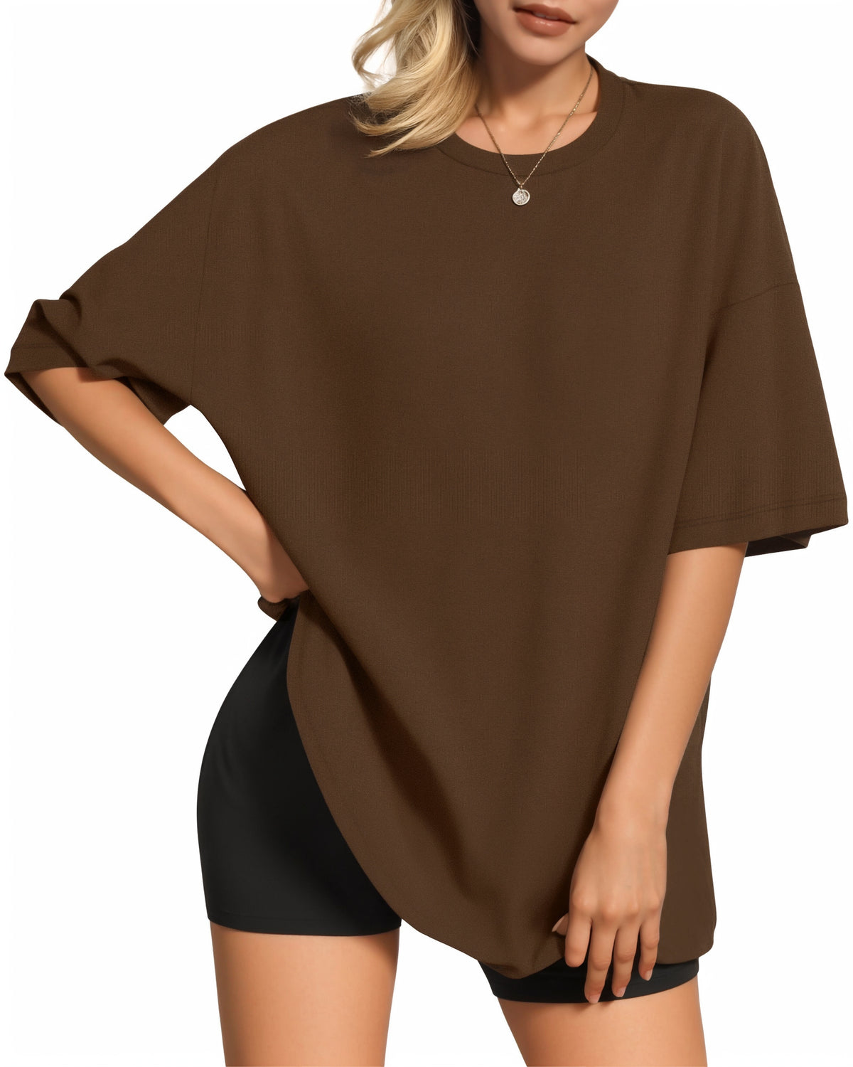 MANGOPOP Oversized T Short-Sleeve Crewneck Loose Fit Top Short Sleeve Coffee