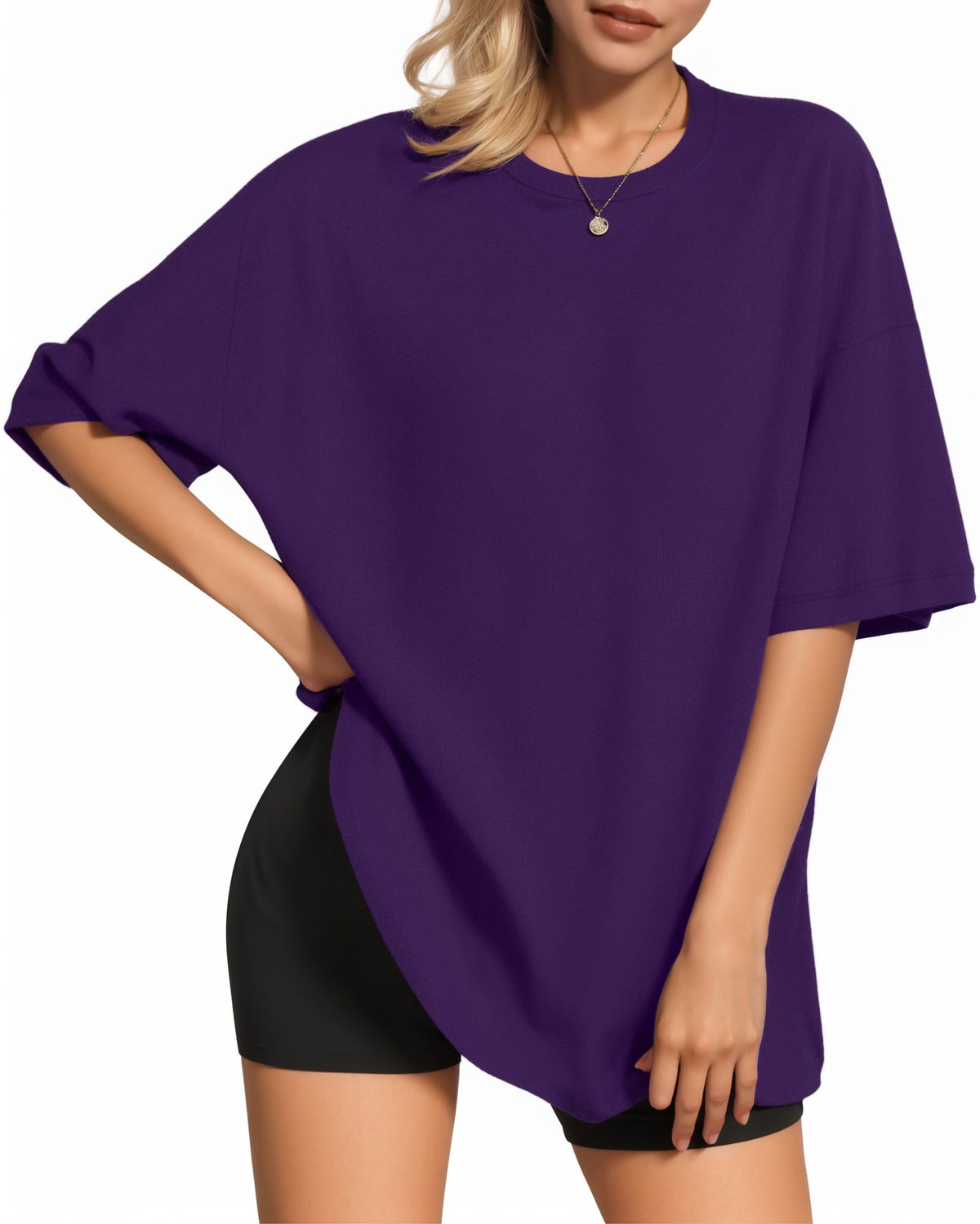 MANGOPOP Oversized T Short-Sleeve Crewneck Loose Fit Top Short Sleeve Deep Purple