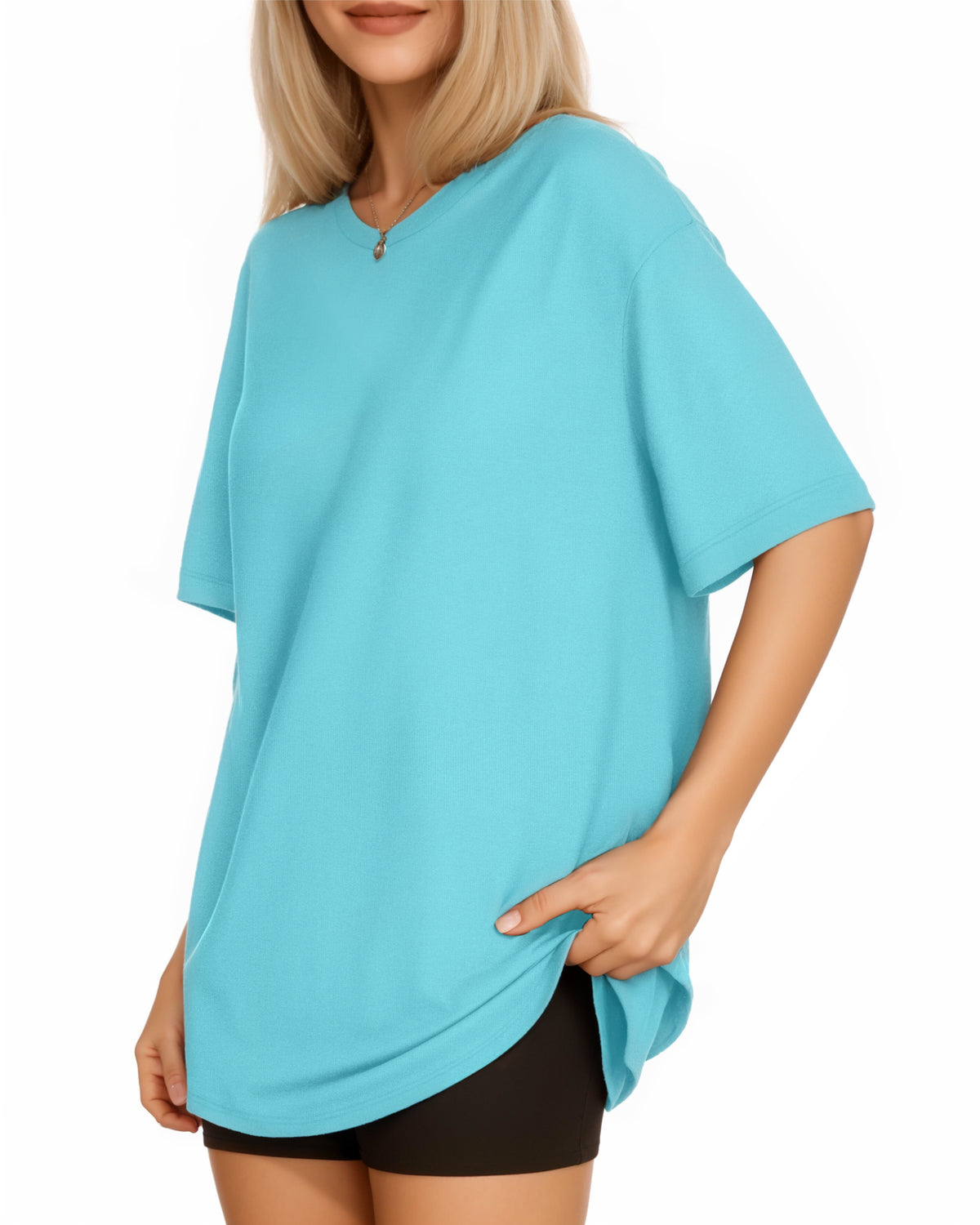 MANGOPOP Oversized T Short-Sleeve Crewneck Loose Fit Top Short Sleeve Light Blue