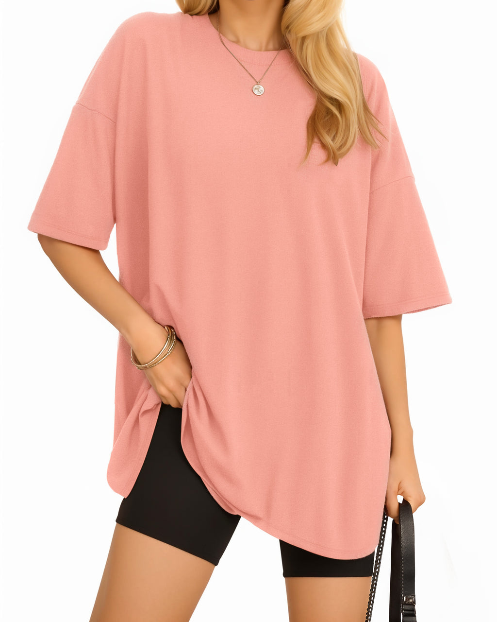 MANGOPOP Oversized T Short-Sleeve Crewneck Loose Fit Top Short Sleeve Light Pink