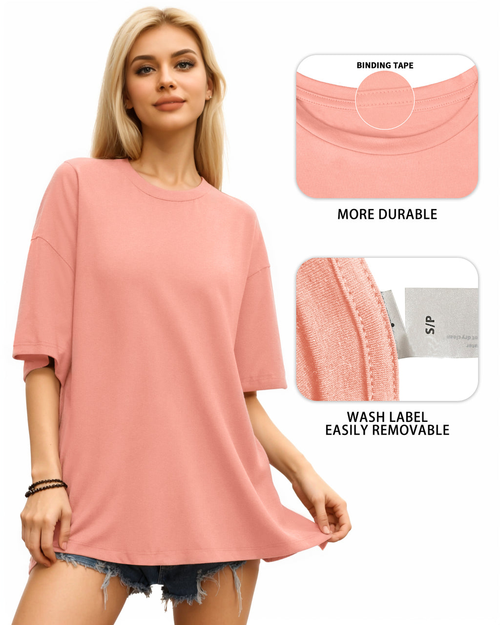 MANGOPOP Oversized T Short-Sleeve Crewneck Loose Fit Top Short Sleeve Light Pink