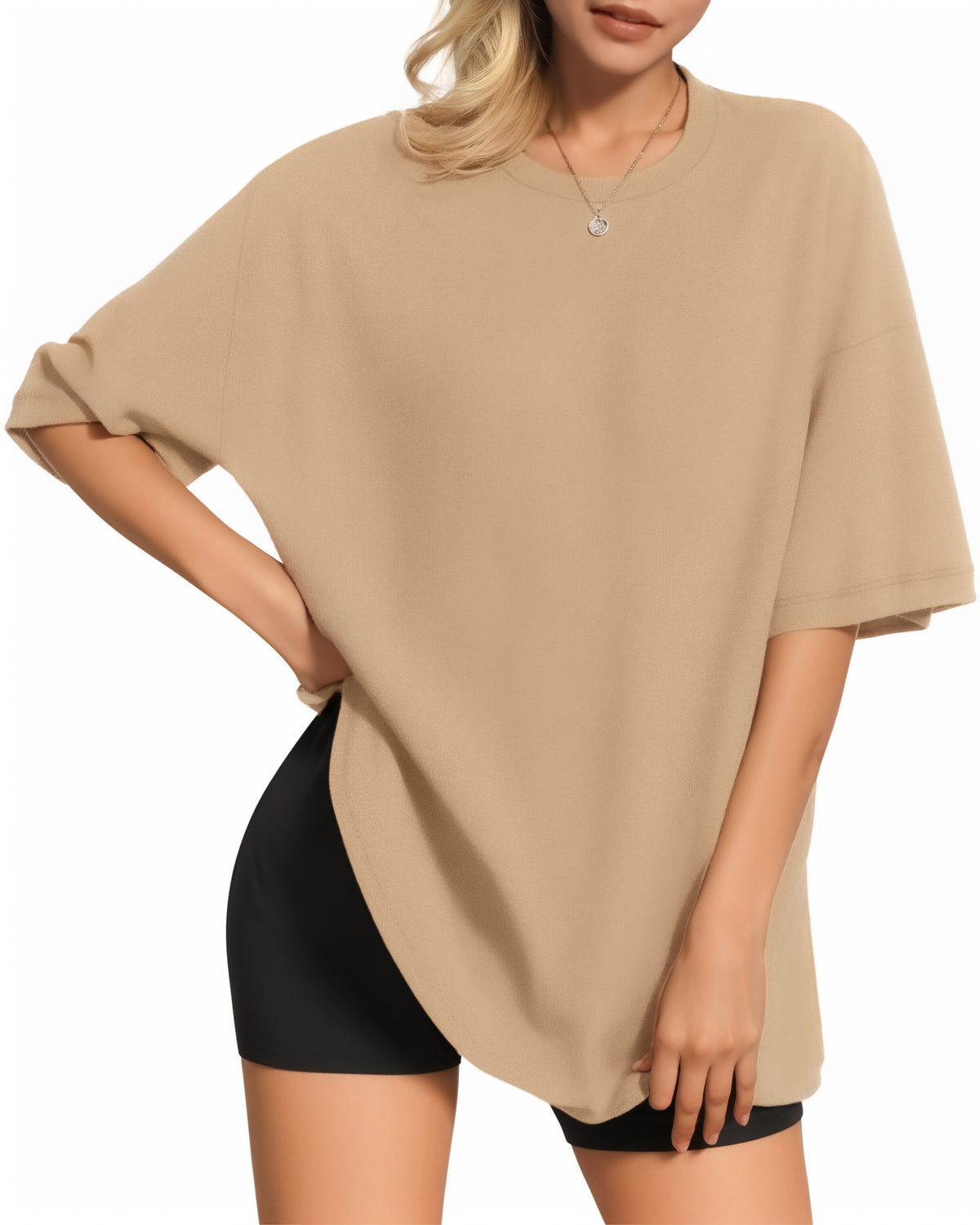 MANGOPOP Oversized T Short-Sleeve Crewneck Loose Fit Top Short Sleeve Khaki