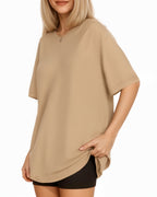 MANGOPOP Oversized T Short-Sleeve Crewneck Loose Fit Top Short Sleeve Khaki