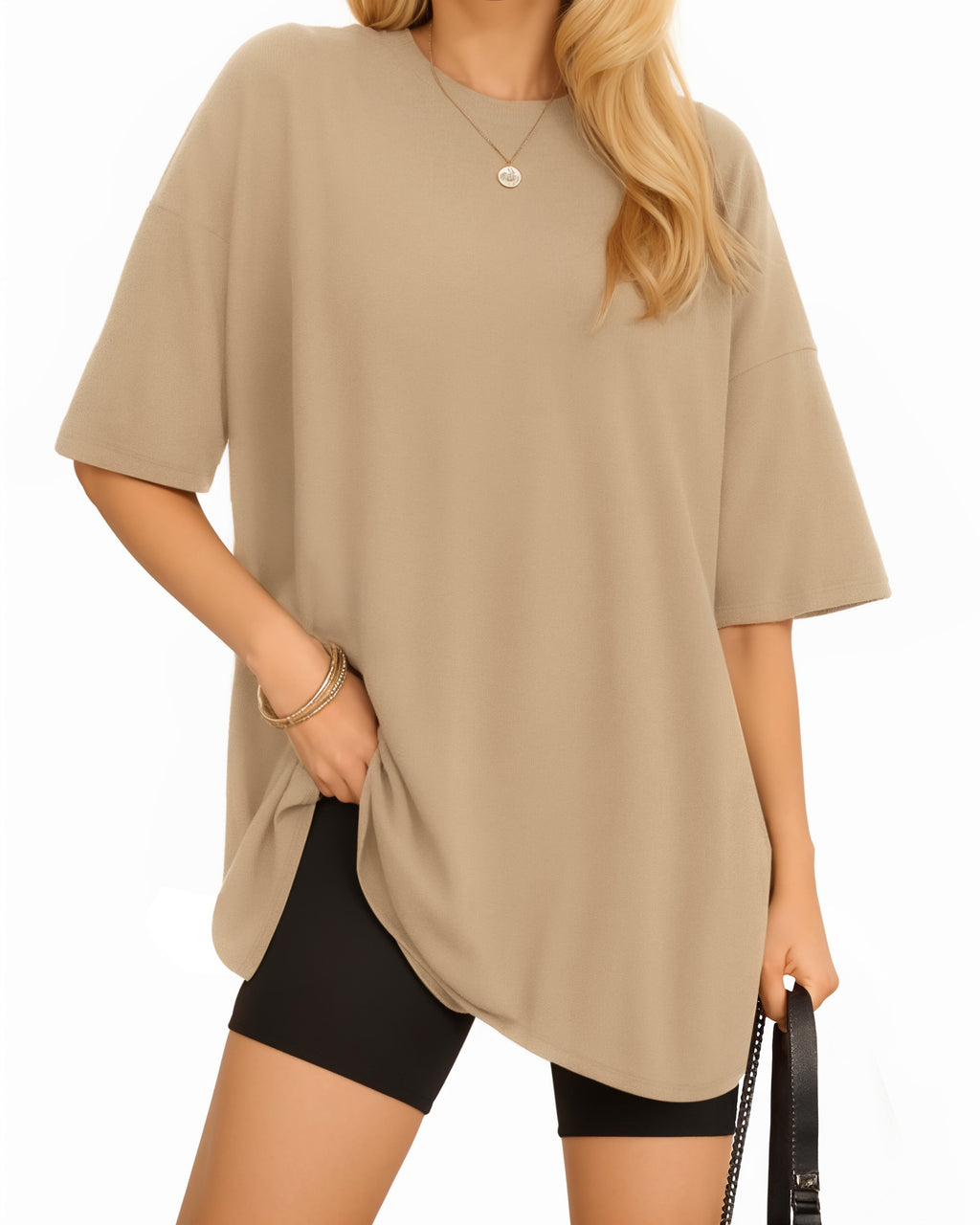 MANGOPOP Oversized T Short-Sleeve Crewneck Loose Fit Top Short Sleeve Khaki