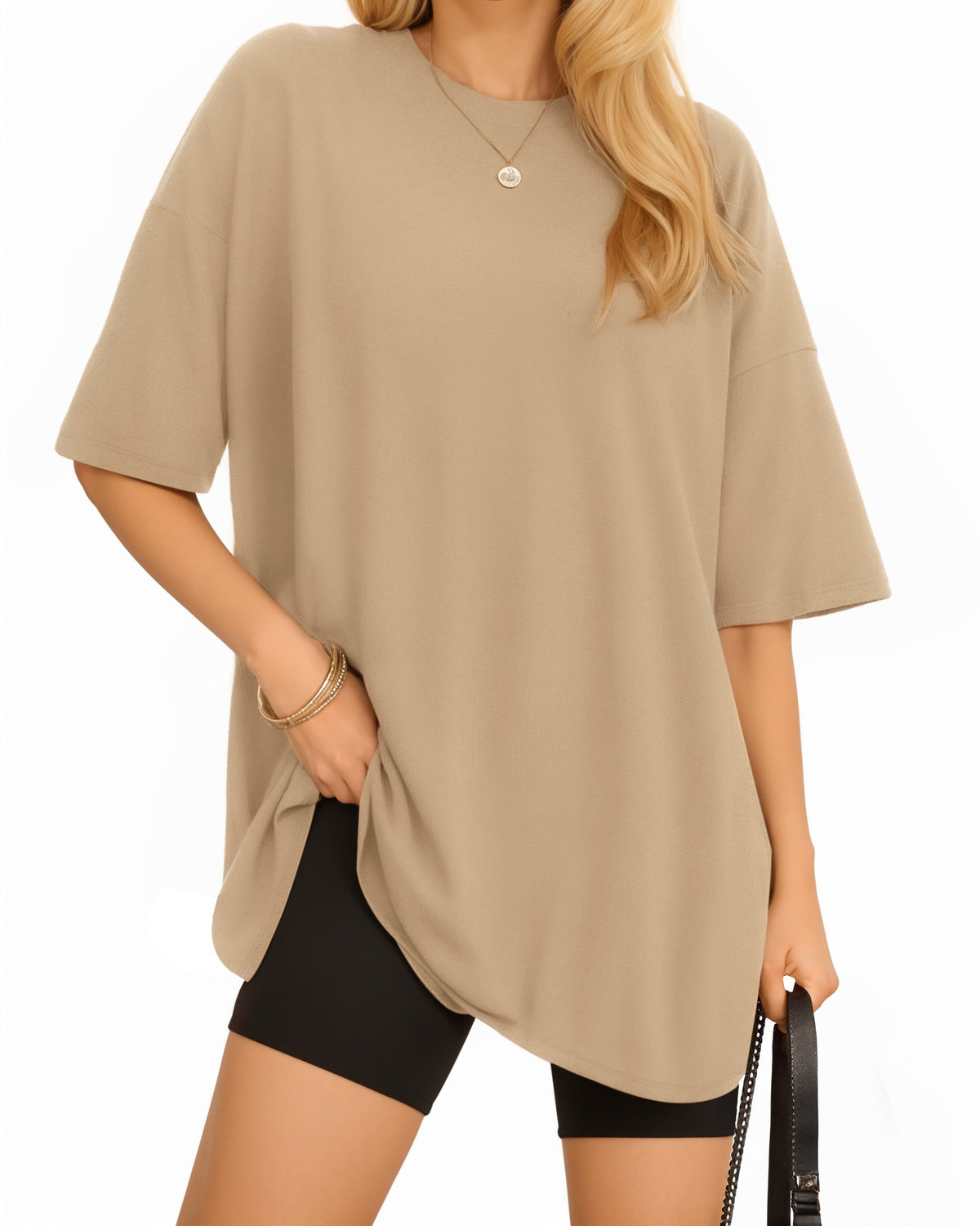 MANGOPOP Oversized T Short-Sleeve Crewneck Loose Fit Top Short Sleeve Khaki
