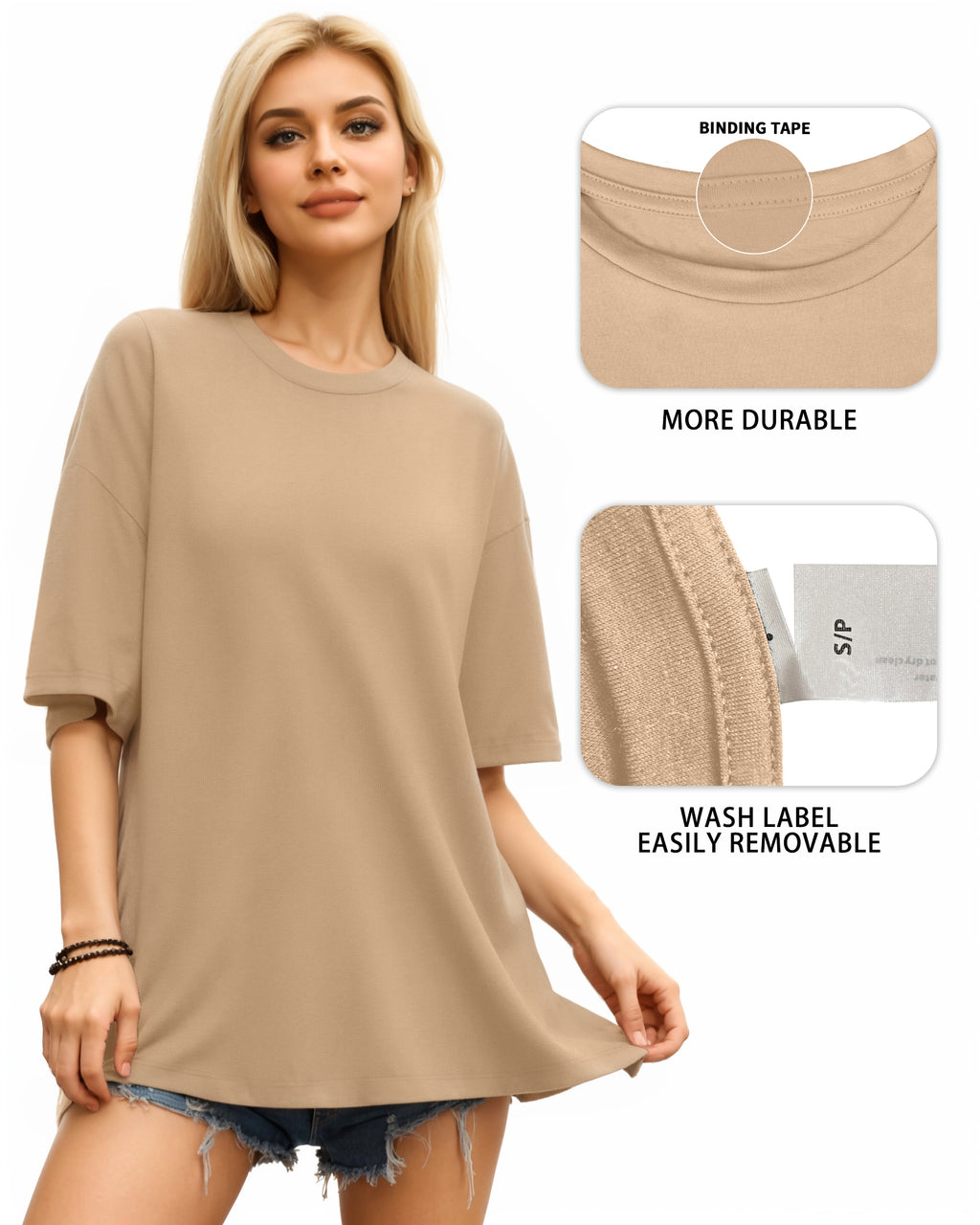 MANGOPOP Oversized T Short-Sleeve Crewneck Loose Fit Top Short Sleeve Khaki
