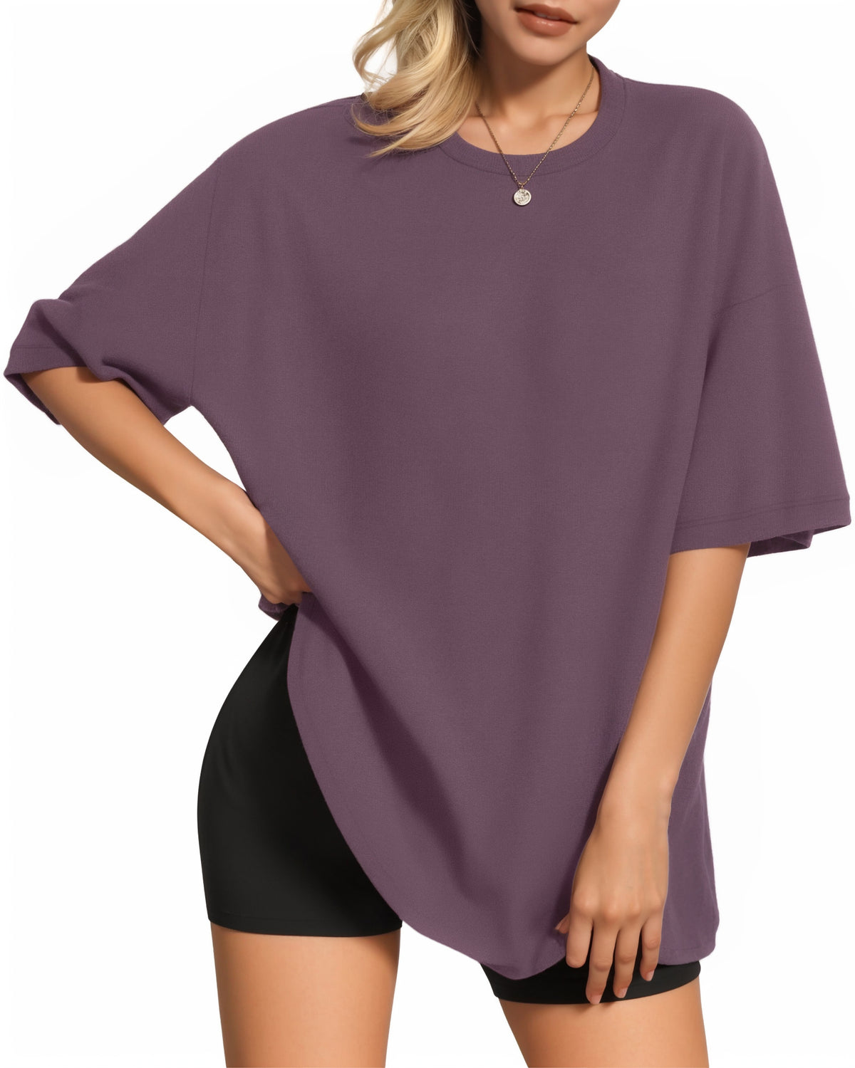MANGOPOP Oversized T Short-Sleeve Crewneck Loose Fit Top Short Sleeve Light Purple