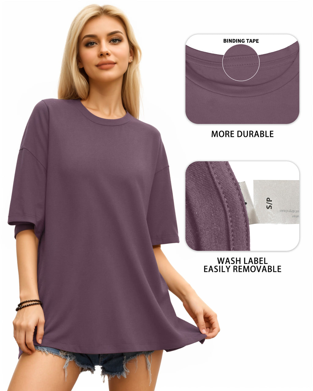 MANGOPOP Oversized T Short-Sleeve Crewneck Loose Fit Top Short Sleeve Light Purple