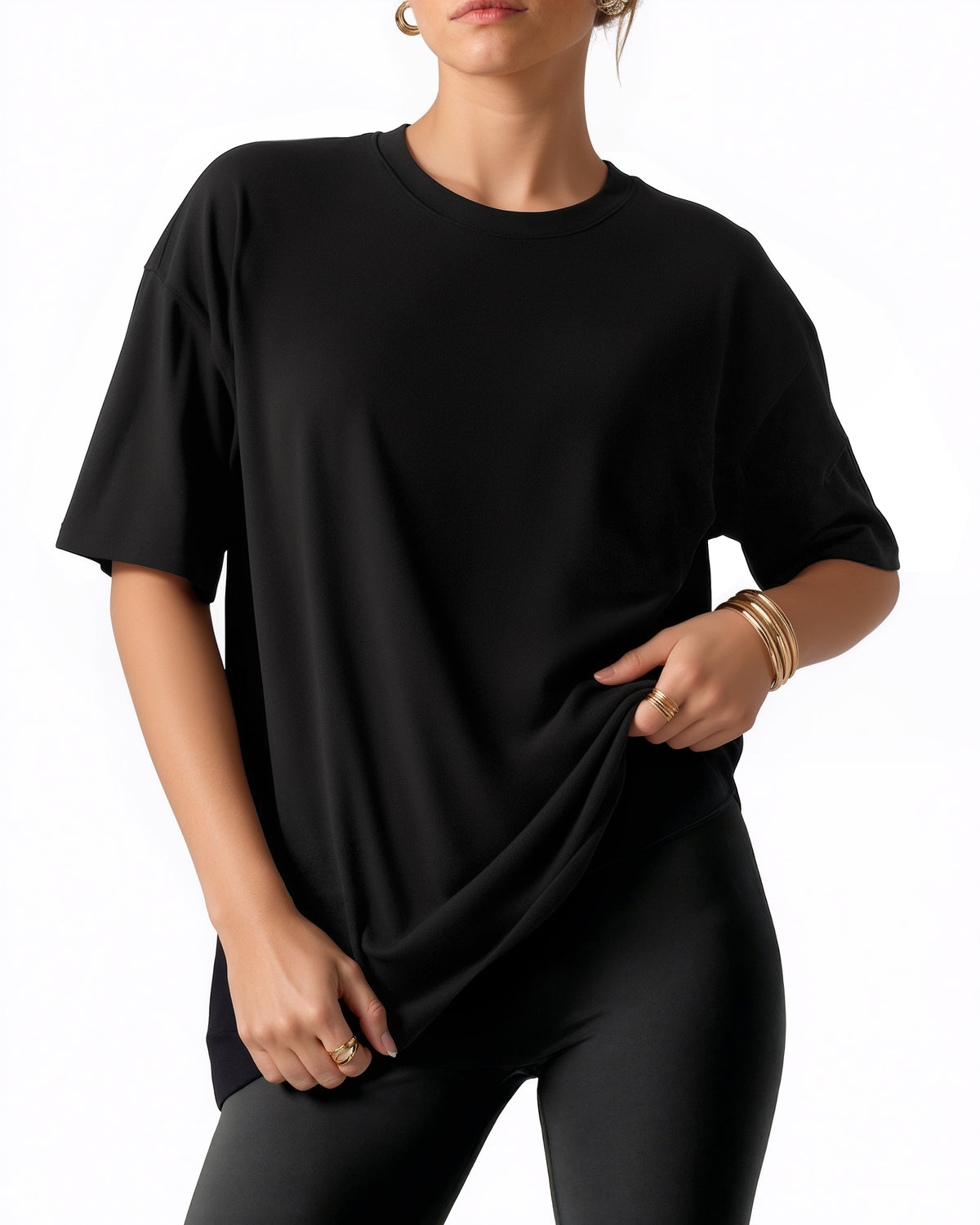 MANGOPOP Half-Sleeve Oversized Crew Neck Exposed Back Top Black