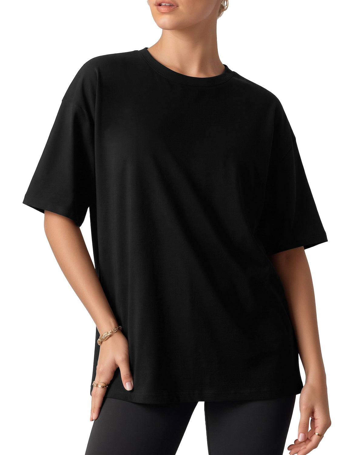 MANGOPOP Half-Sleeve Oversized Crew Neck Exposed Back Top Black