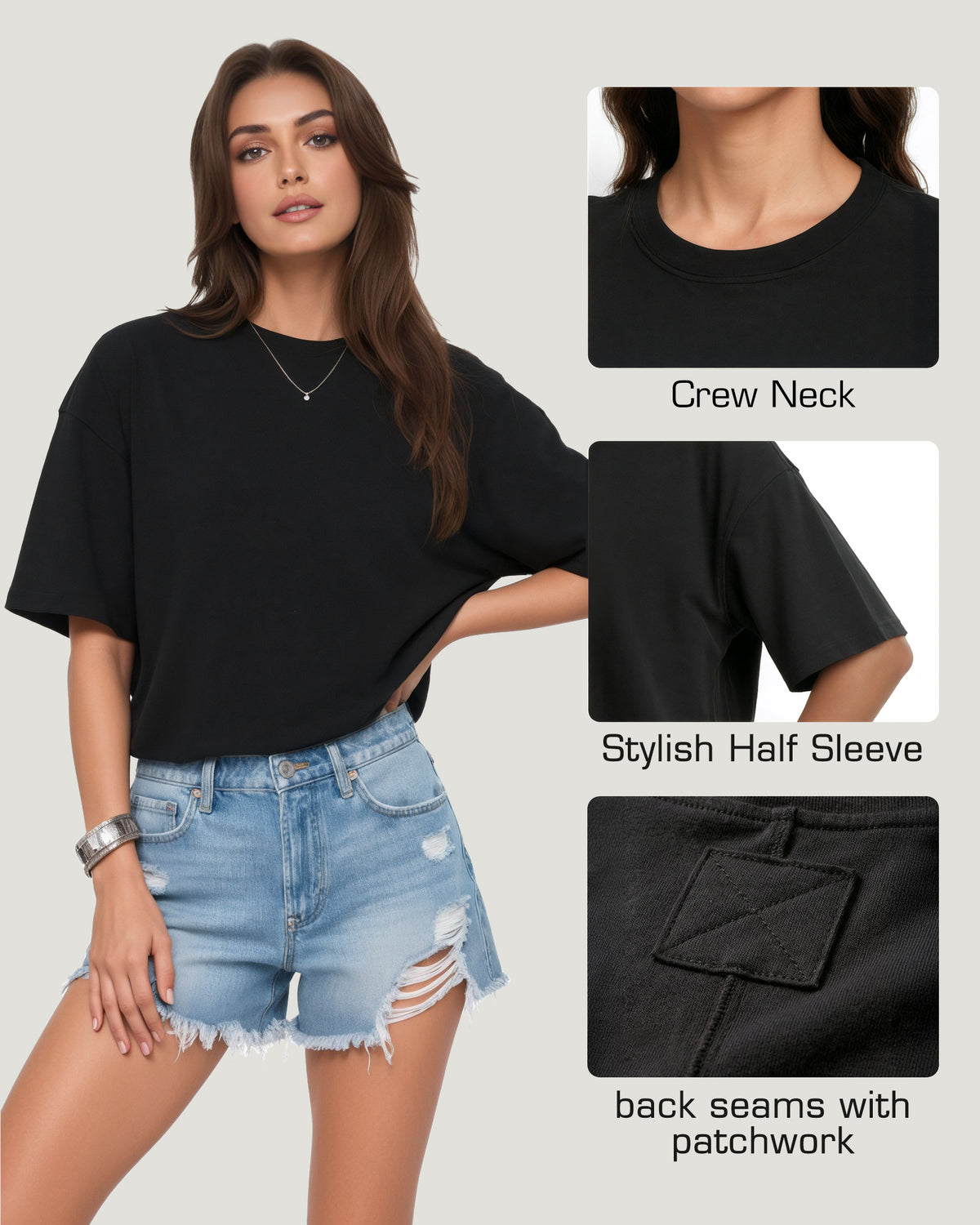 MANGOPOP Half-Sleeve Oversized Crew Neck Exposed Back Top Black