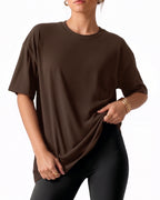 MANGOPOP Half-Sleeve Oversized Crew Neck Exposed Back Top Coffee
