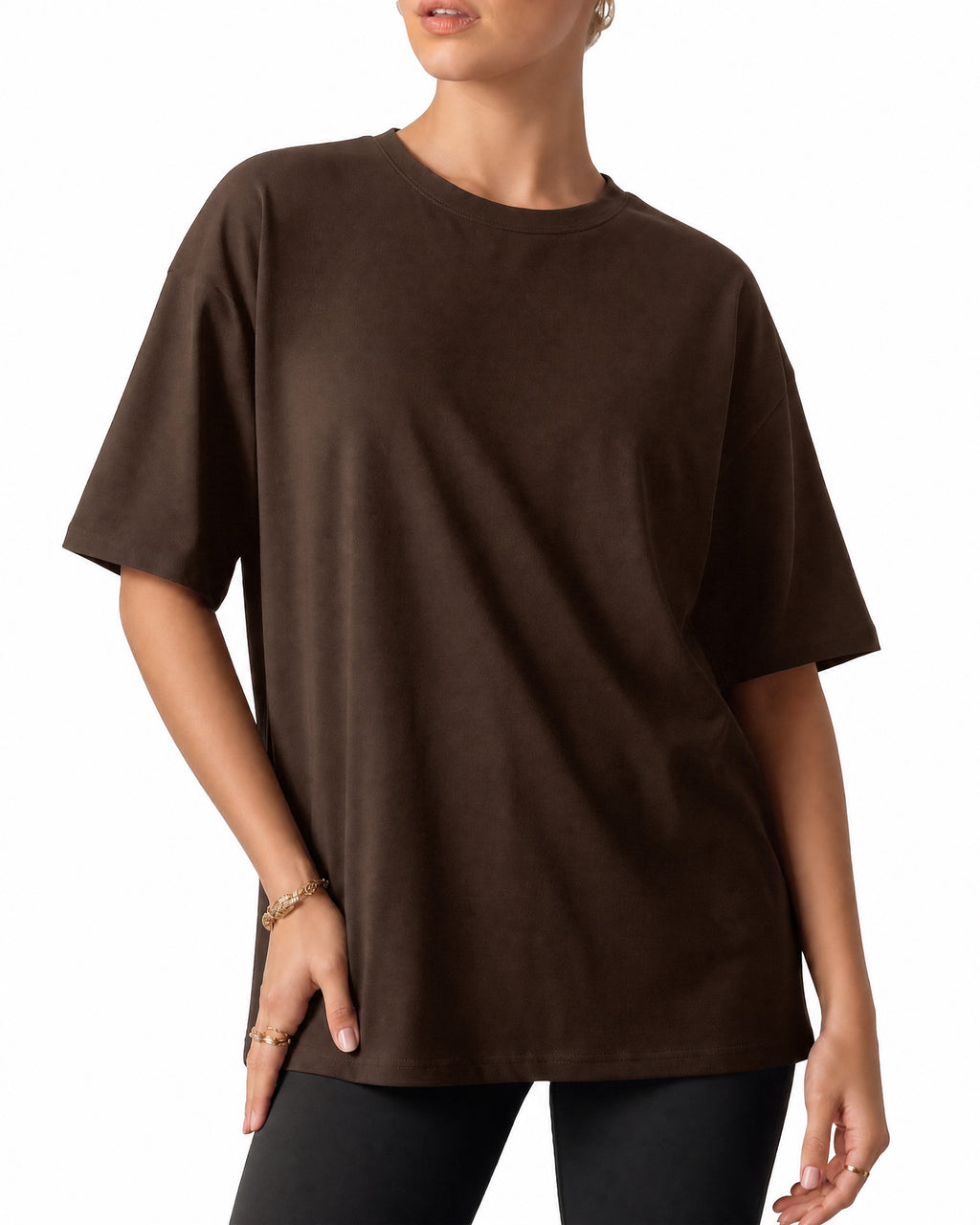 MANGOPOP Half-Sleeve Oversized Crew Neck Exposed Back Top Coffee