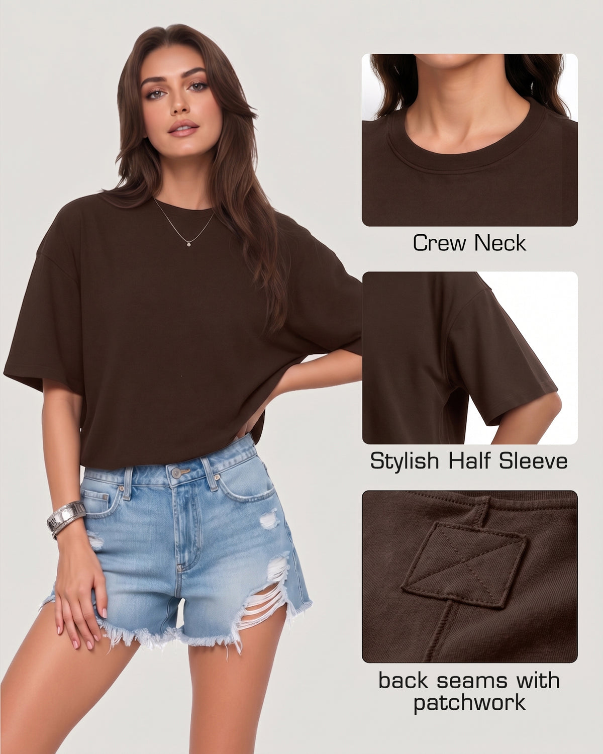 MANGOPOP Half-Sleeve Oversized Crew Neck Exposed Back Top Coffee