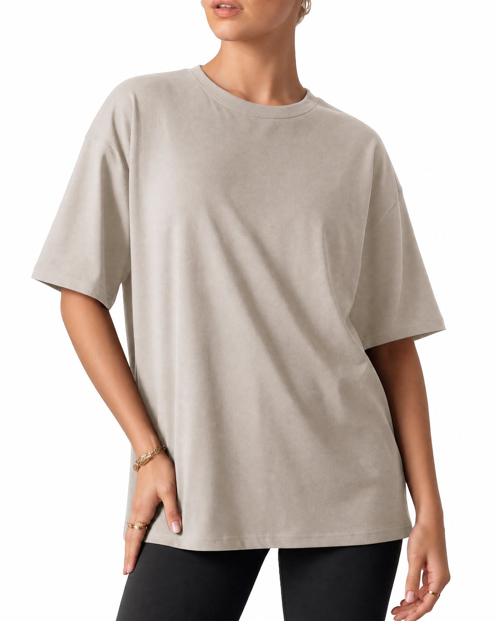 MANGOPOP Half-Sleeve Oversized Crew Neck Exposed Back Top Light Grey