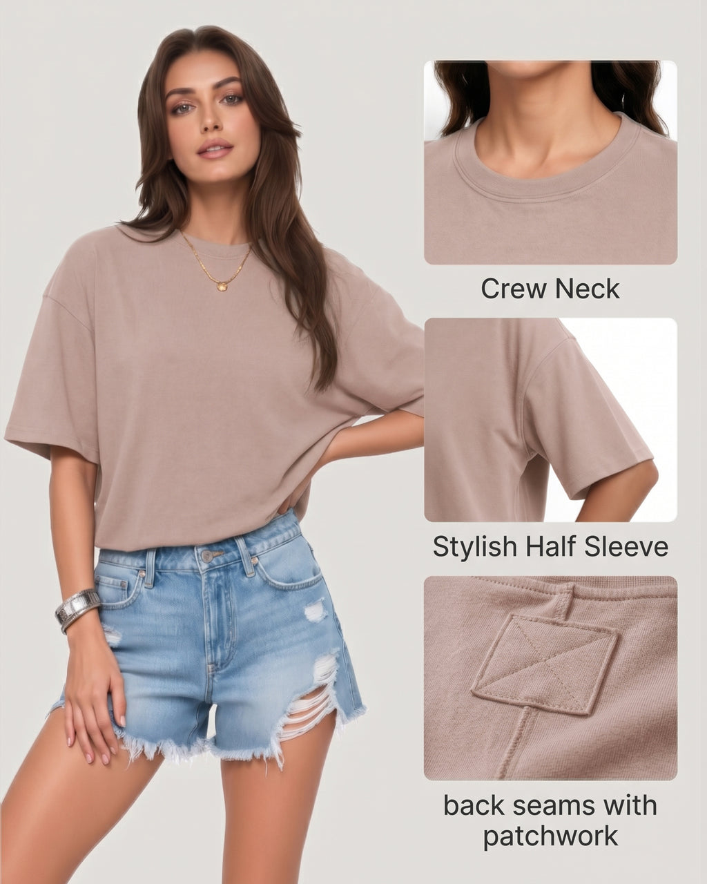 MANGOPOP Half-Sleeve Oversized Crew Neck Exposed Back Top Light Grey