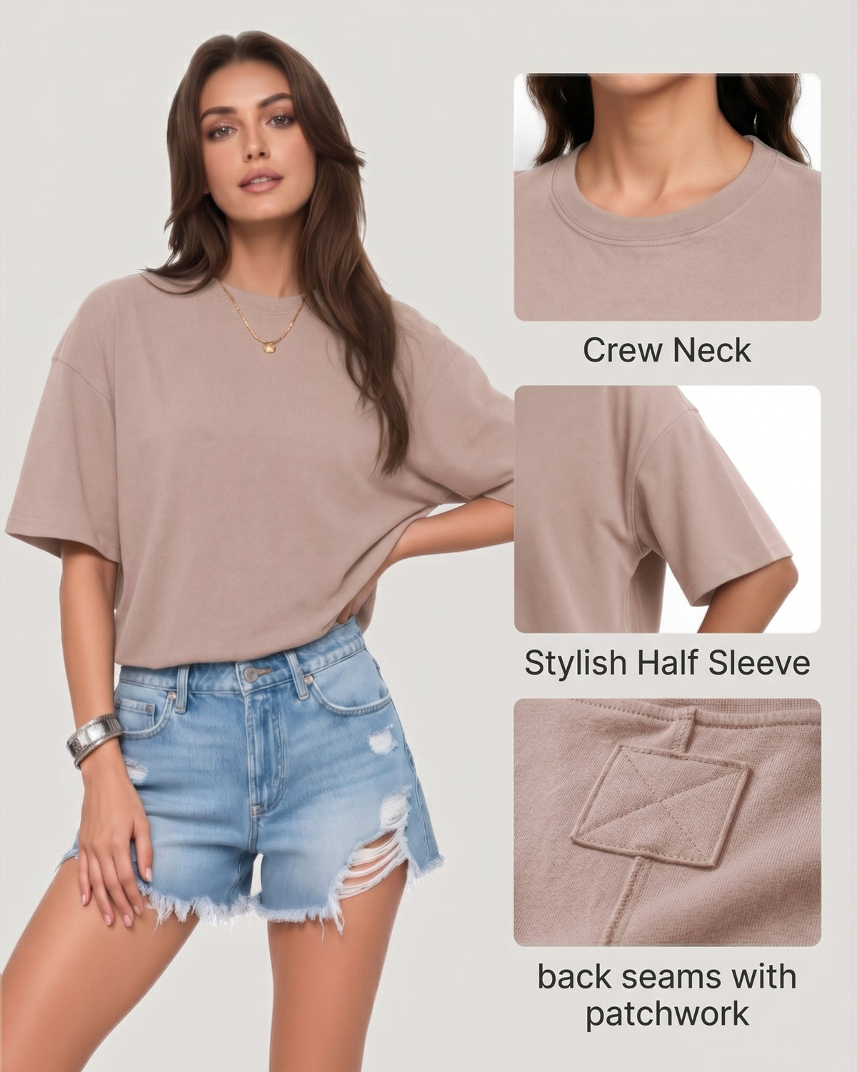 MANGOPOP Half-Sleeve Oversized Crew Neck Exposed Back Top Light Grey