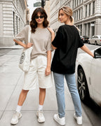 MANGOPOP Half-Sleeve Oversized Crew Neck Exposed Back Top Light Grey