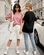 MANGOPOP Half-Sleeve Oversized Crew Neck Exposed Back Top Pink