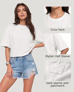 MANGOPOP Half-Sleeve Oversized Crew Neck Exposed Back Top Creamy White